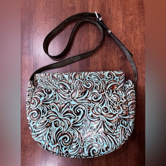 Patricia Nash Rosolini Tooled Leather Saddle Bag Turquoise Brown Crossbody Boho - Picture 9 of 16